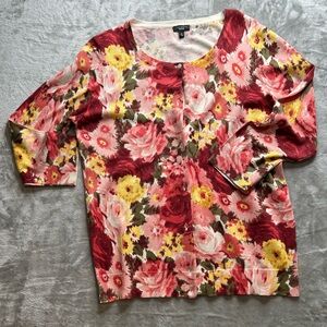 Talbots Floral Women's Cardigan Sweater - Burgundy, pink and Yellow